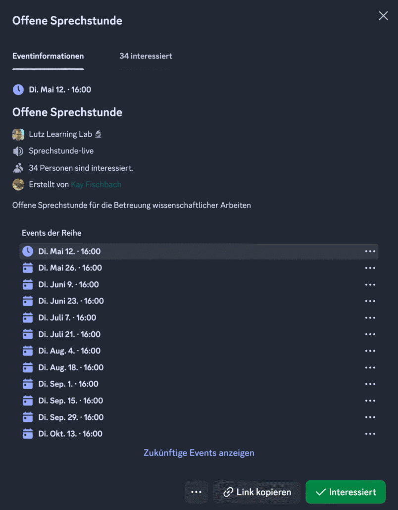 Offene Sprechstunden im Discord Sprach-Chat für das Sommersemester 2026 (Stand: 27.04.2026).