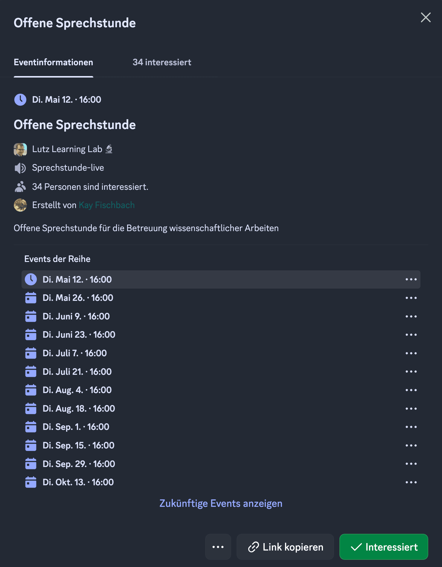 Offene Sprechstunden im Discord Sprach-Chat für das Sommersemester 2026 (Stand: 27.04.2026).