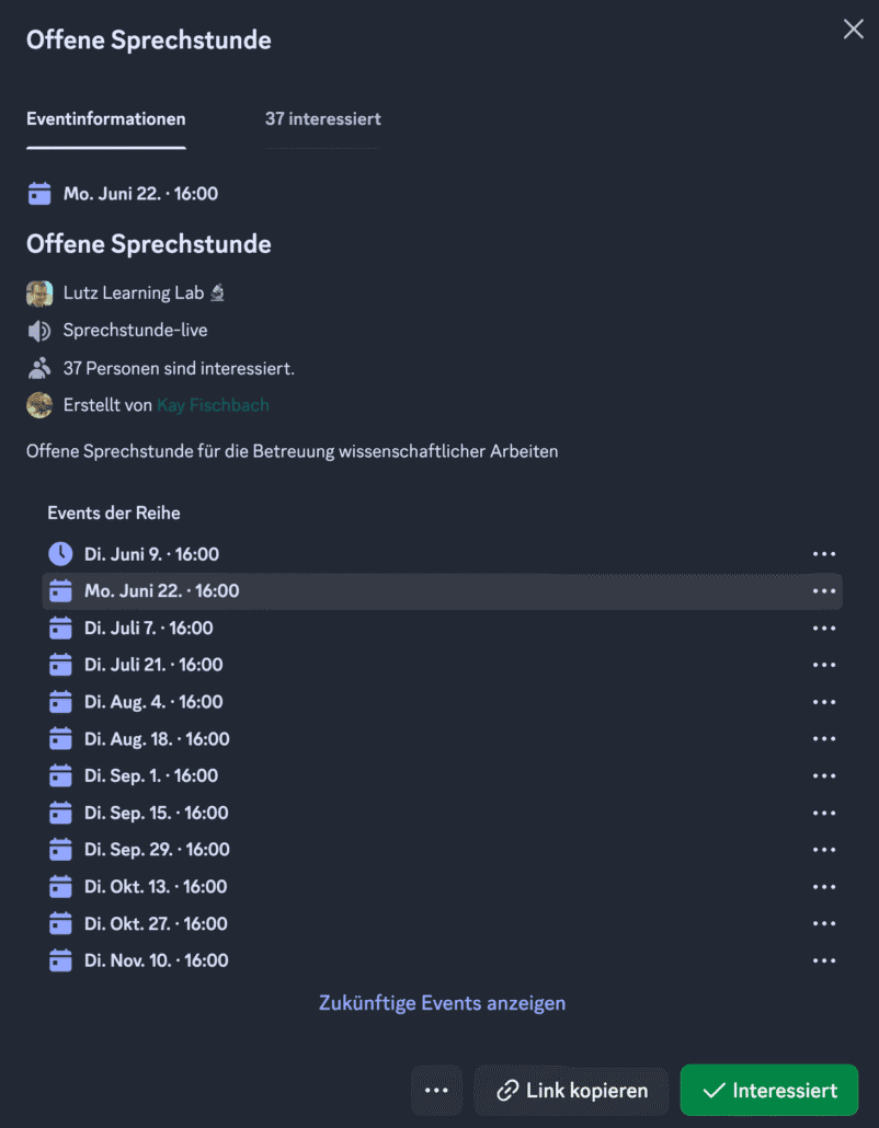Offene Sprechstunden im Discord Sprach-Chat für das Sommersemester 2026 (Stand: 01.06.2026).