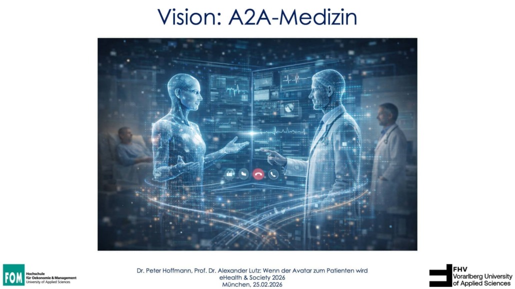 eHealth-Vortrag-2026-02-25-Folie3-A2A-Medizin Vortrag "D2A-Medizin: wenn der Avatar zum Patienten wird" - Folie zur Vision: A2A-Medizin Avatar to Avatar